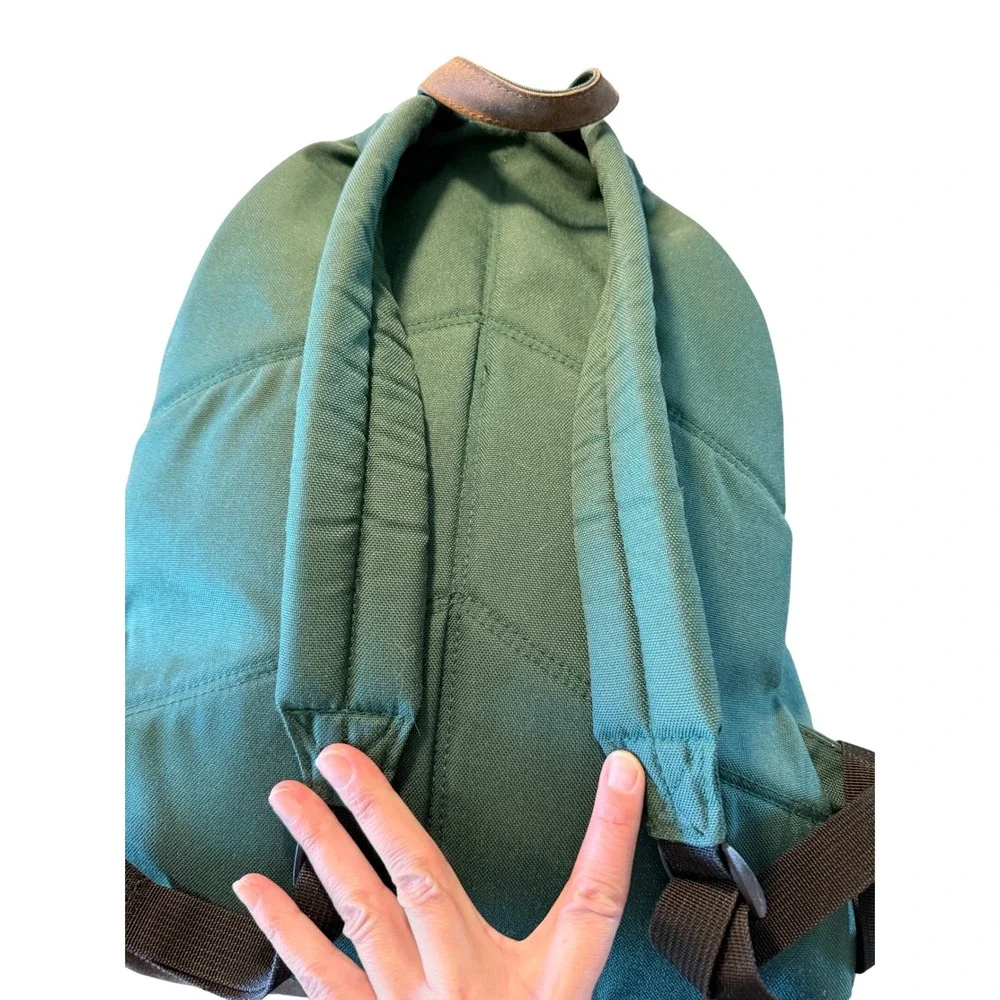 Vintage Eddie Bauer Green Nylon‎ Canvas Backpack Leather Bottom Daypack Bag